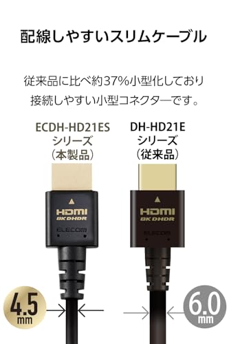 エレコム HDMI ケーブル 1m 細い ウルトラハイスピード 4K(120Hz) 8K(60Hz) 【Ultra High Speed HDMI Cable認証品】 48Gbps 超高速 テレビ・パソコン・ゲーム機などに 7680×4320 eARC 黒 ECDH-HD21ES10BK 中間 画像