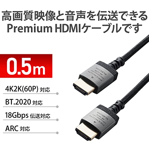 エレコム HDMI ケーブル プレミアム (Ver2.0) 細い 曲げに強い ナイロンメッシュ 50cm スリム 4K・2K 【Premium HDMI Cable規格認証済み】 アルミコネクタ 18Gbps ARC 黒 DH-HDP14ES05SBK 最後 画像