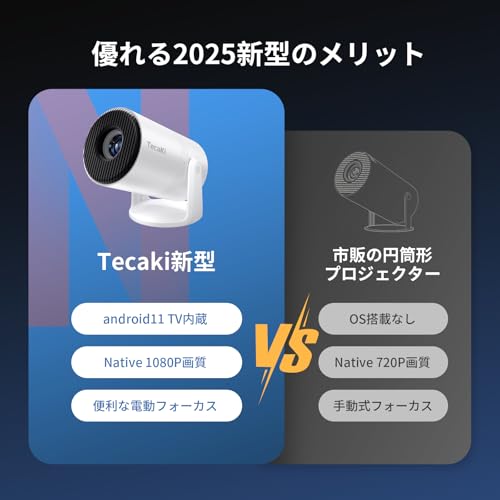 Tecaki【Android TV搭載・電動フォーカス・270°回転】2025新進化プロジェクター 家庭用 27000LM 天井投影 自動台形補正 4K対応 1080P解像度 ホームシアター 一体型スタンド Bluetooth5.3 スピーカー内蔵 wifi6無線接続 小型 200inch大画面 50%ズーム iOS/Android/パソコン/DVD/PS4/Switch/などに対応 日本語取扱書 中間 画像