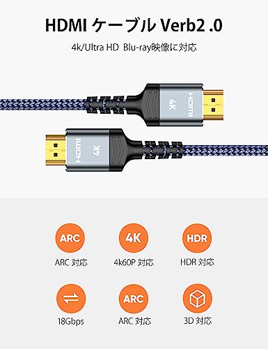 Snowkids hdmi ケーブル 2m 4k 60hz HDMI2.0規格 hdmi cable TV など適用 ARC/18gbps/UHD/HDR/3D/高速 イーサネット対応 ハイスピード hdmi 10種の長さ 中間 画像