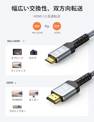 Snowkids Mini HDMI 変換 ケーブル 4K(60Hz) 1.8m ミニ HDMI 双方向伝送 プロジェクター、モニター、カメラ対応 (タイプAオス - ミニタイプCオス) 中間 画像