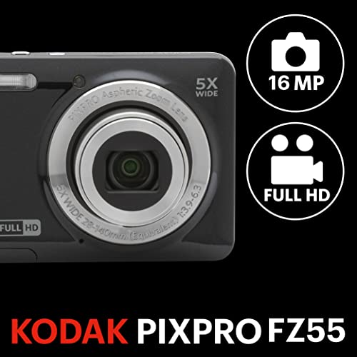 KODAK (コダック) PIXPRO 使いやすい ズーム FZ55-BK 16MP デジタルカメラ 光学5倍ズーム 広角 28mm 2.7インチ液晶画面 (ブラック) 中間 画像