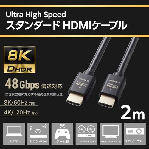 エレコム HDMI ケーブル 2m ウルトラハイスピード 4K(120Hz) 8K(60Hz) 【Ultra High Speed HDMI Cable認証品】 48Gbps 超高速 テレビ・パソコン・ゲーム機などに 7680×4320 eARC 黒 ECDH-HD21E20BK 最後 画像