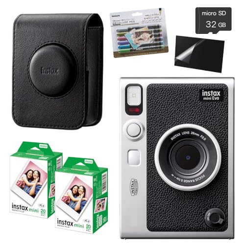 チェキ instax mini Evo ブラック＆ケース＆チェキフィルム40枚＆デコペン＆microSD32GB＆液晶保護フィルム(ブラック、7点セット) 画像1