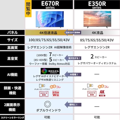 REGZA レグザ テレビ 50E670R (50インチ / 4K テレビ/倍速液晶/Dolby Atomos ウーファー搭載/ダブルチューナー/ダブルウィンドウ AirPlay2対応 / スマートテレビ / 2025年モデル) 中間 画像