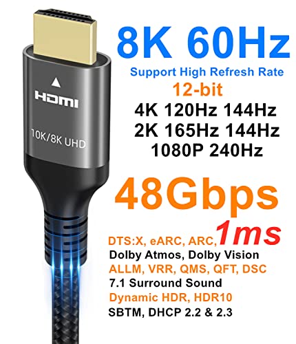 Ubluker 10k 8k 4k HDMI 2.1 ケーブル 2m、(HDMI認証)超高速 4k 120Hz 144Hz 2k 165Hz 8k 60Hz ARC eARC 48Gbps 1ms 12bit DTS:X Dolby Atmos HDR10+ 3D 5D VRR、対応Apple TV Mac RTX4090 ゲーム PC TV サウンドバー PS5 4 Xbox 中間 画像
