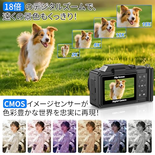 IFEND 6K デジカメ 9600万画素 デジタルカメラ デジカメ スマホに転送できるカメラ WIFI転送機能 180度回転可能 18倍デジタルズーム 64GBマイクロSDカード付き オートフォーカス ウェブカメラ 自撮 AFオート 3.0インチ液晶画面 マイクロ コンパクト学生 初心者 修学旅行 子供の日 クリスマスプレゼント ブラック 中間 画像