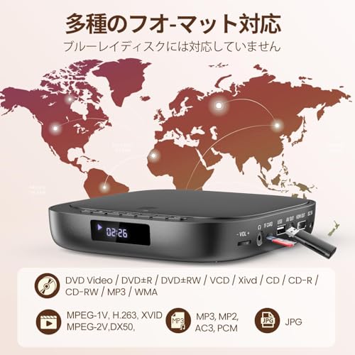 ミニDVDプレーヤー1080Pサポート DVD/CD再生専用モデル リージョンフリー CPRM対応、Blue-ray非対応、USB/TFカード再生、HDMI/AV/AUX端子搭載 日本語説明書付き (ブラック) 中間 画像