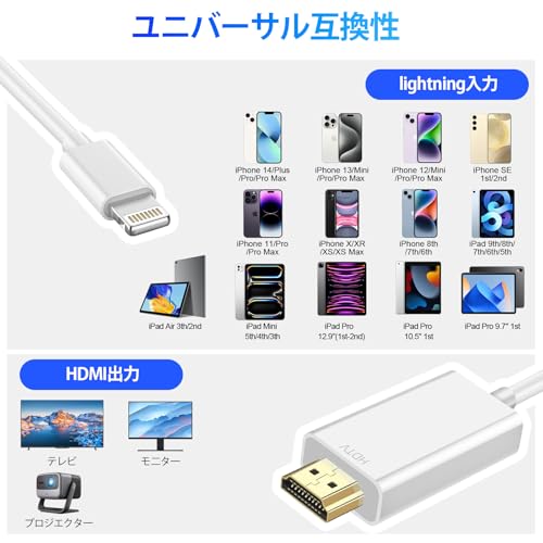 HDMIケーブル iPhone HDMI変換ケーブ ル 2m ライトニング HDMI Lightning Hdmi ミラーリング iphone テレビに映す ケーブル 電源不要 設定不要 携帯の画面をテ レビに映すライトニングケーブル 1080PフルHD hdmi ライトニング 音声同期出力 ゲーム遅延なし hdmi 変換ケーブル i-Phone/iPad/IOS対応【2025 MFi認証】 中間 画像
