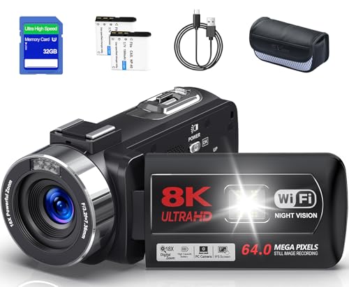 ビデオカメラ【8K動画撮影、6400万画素】YouTubeカメラ 32GB SDカード付き コンパクトカメラ 3.0 インチ タッチスクリー 18倍ズーム フラッシュ ウェブカメラ 2.4Gリモコン 充電式 大容量バッテリー 軽量 日本語の取扱説明書 学生 初心者にも最適です 修学旅行 セットの外観・全体像 画像