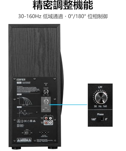 Edifier 【VGP2025 金賞】 (エディファイア) T5s 8 インチ 70W サブウーファー アンプ内蔵 アクティブスピーカー （薄型ニューデザイン）｜周波数特性 35Hz~115Hz｜0°/180° 位相制御 ｜ 3.5mm AUX/RCA 接続 （ケーブル同梱）｜ Edifier 全系列 M60 MR3 MR4 MR5 G2000 G2000Pro 等 ＋ 他社 2.0ch 対応の特徴・詳細 画像