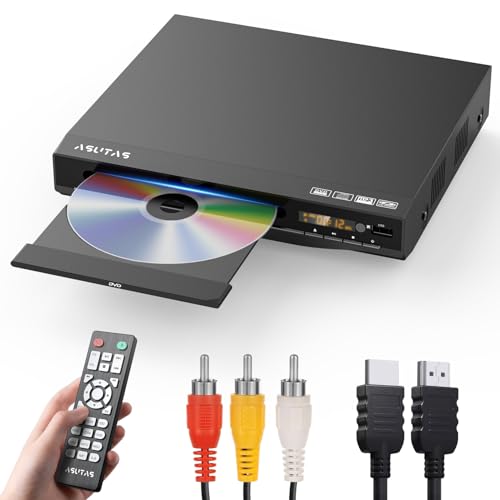 【2025新型】DVDプレーヤー 1080Pサポート ASUTAS DVD/CD再生専用モデル リーションフリー CPRM対応 録画した番組や地上デジタル放送を再生する PAL/NTSCサポート テレビ/プロジェクター/パソコン接続可能 RCA/USB/HDMI/AV/イヤホン端子搭載 RCA/HDMIケーブル リモコン 日本語説明書付き Blue-ray非対応 1