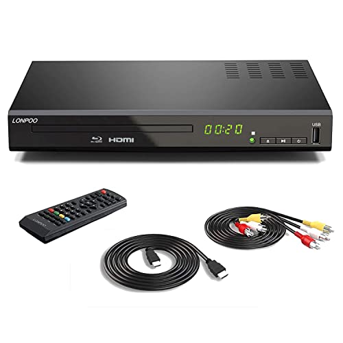 LONPOO DVD ブルーレイプレーヤー フルHD1080p DVDプレーヤー CPRM再生可能 HDMI/同軸/AV出力 高速起動 PAL/NTSC対応 USB/外付けHDD対応 Blu-rayリージョンA/1 AV/HDMIケーブル付き 1