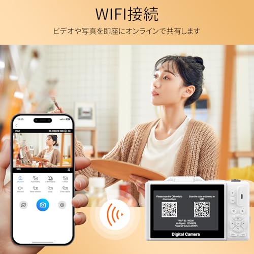 デジカメ 5K録画 7500万画素 スマホに送れる デジタルカメラ Wi-Fi機能 180度回転可能ディスプレイ オートフォーカス 18倍デジタルズーム 連続撮影 自撮り 3.0インチスクリーン 32GBマイクロSDカード付き 1200mAh電池 軽量 携帯便利 小型 Vlog コンパクト 学生 初心者 修学旅行カメラ ホワイトの特徴・詳細 画像