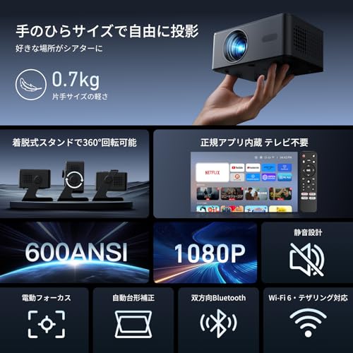 プロジェクター家庭用 小型 天井 静音【Netflix・Prime Video・YouTubeアプリ搭載】600ANSI 4K対応 自動台形補正 0.5M近距離投影 Wi-Fi6/Bluetooth5.4スタンド一体型 軽量 ミニ スマホ/パソコン/PS5/Switch/DVD接続可 プレゼント3年保証2026年新登場MX1ブラックの詳細・まとめ 画像