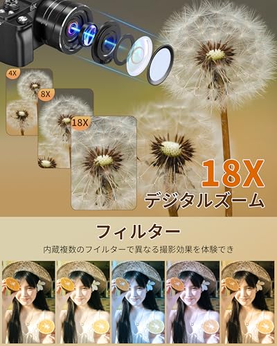 デジカメ 8K 8800万画素 一眼レフカメラ WIFI転送機能 スマホに送れる デジタルカメラ 18倍デジタルズーム オートフォーカス機能 LEDライトウェブカメラ 180度回転可能 3.0インチ IPS スクリーン 自撮り 64GBマイクロSDカード付き 2500mAHバッテリー 付き 操作簡単 子供や初心者向けの特徴・詳細 画像