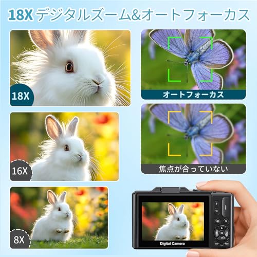 デジタルカメラ 5K動画 7500万画素 デジカメ スマホに送れる WIFI転送機能 18Xデジタルズーム 32GB Micro SDカード付き AFオートフォーカス LEDライト ウェブカメラ 3.0インチ大画面 充電式バッテリー コンパクト 子供や初心者向け 学生 クリスマスプレゼント ブラックの特徴・詳細 画像