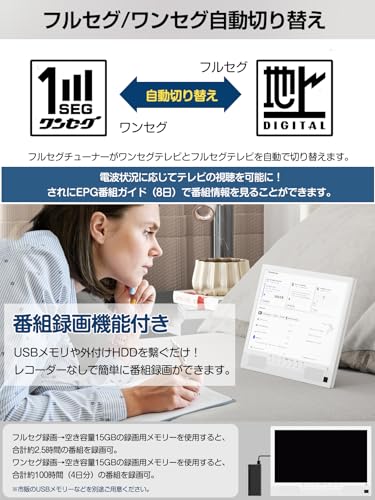 TTWO ポータブルテレビ 14インチ 小型 高齢者向け 簡単操作 大画面 大音量 録画機能 テレビ ワンセグ フルセグ自動切替 車載用バッグ付き 車中泊用 アンテナ付き HDMI搭載 YouTube視聴可能 3WAY電源対応 リモコン付き 屋外 屋内 プレゼントに (ホワイト)の特徴・詳細 画像