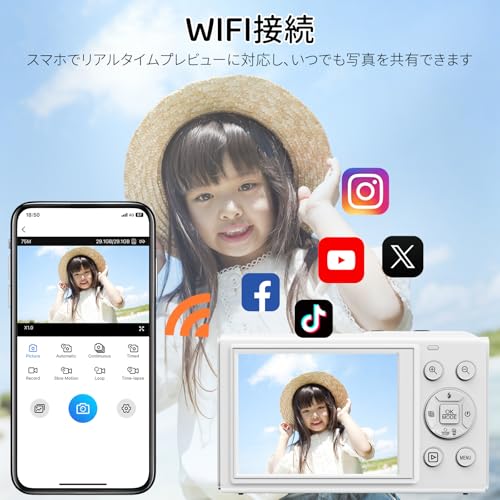 Beho 8000万画素 5K デジタルカメラ スマホに送れる デジカメ WIFI転送機能 デュアルスクリーン 自撮り フィルター オートフォーカス機能 18倍デジタルズーム コンパクト ウェブカメラ 32GBマイクロSDカード付き 軽量 初心者向け 誕生日 VLOG 子供 修学旅行 ホワイトの特徴・詳細 画像