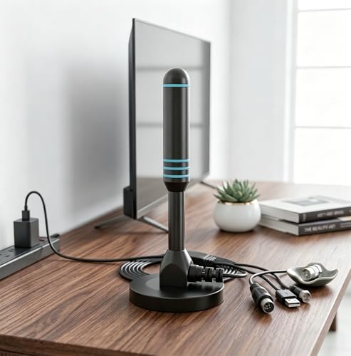 室内アンテナ 【2026新設計・高感度強化モデル】550KM 受信範囲 テレビアンテナ 4K HDTV 地デジアンテナ 360度全方位受信 信号ブースター ブースター内蔵 高感度 高性能 簡単設置 小型軽量 屋内・屋外兼用 無料視聴対応の外観・全体像 画像