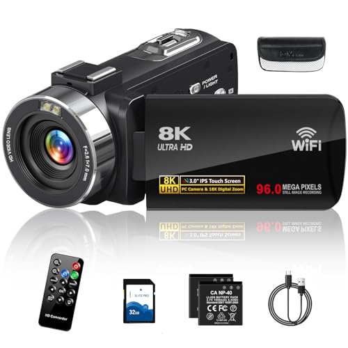 ビデオカメラ 8K HDMI出力WIFI機能 AFオートフォーカス9600万画素18倍デジタルズームYouTubeカメラ ウェブカメラ270度回転 3.0インチタッチスクリーン IVlogカメラ LEDフィルライトリモコン付き 予備バッテリー32GBＳＤカード 日本語取説 1
