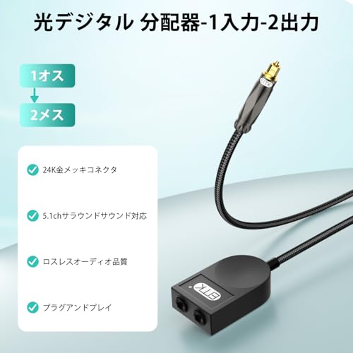 EMK 光デジタル 分配器-1入力-2出力 TOSLINK 光デジタルケーススプリット 金メッキ角型 LPCM 2.0、ドルビーデジタル、DTS 5.1chをサポート(0.5m)の特徴・詳細 画像