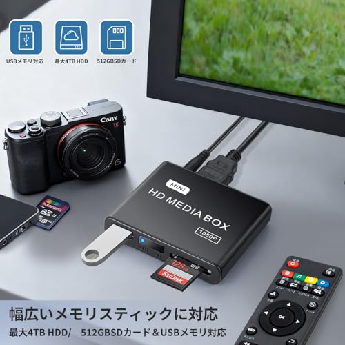 メディアプレーヤー フル1080p HDプレイヤー mp4プレーヤー フルHD USBメモリ/SDカード/外付けHDD/USB付きSDD 最大解像度1920*1080p@60fps テレビ大画面で動画・写真・ビデオなど再生 コンパクト 日本語化 家庭用 店頭用 デジタルサイネージ 広告機 media player HDMIケーブル付属の特徴・詳細 画像