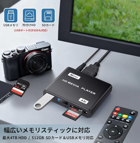 4kメディアプレーヤー HDプレイヤー フルHD【H.265/HEVC/VP9対応】mp4プレーヤー USBメモリ/SDカード/外付けHDDテレビで再生 1080p 自動再生 スライドショー コンパクト 日本語化 家庭用 店頭用 デジタルサイネージ 4KHDMIケーブル＆IRリピーター付属の特徴・詳細 画像
