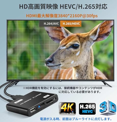 4kメディアプレーヤー HDプレイヤー フルHD【H.265/HEVC/VP9対応】mp4プレーヤー USBメモリ/SDカード/外付けHDDテレビで再生 1080p 自動再生 スライドショー コンパクト 日本語化 家庭用 店頭用 デジタルサイネージ 4KHDMIケーブル＆IRリピーター付属の詳細・まとめ 画像
