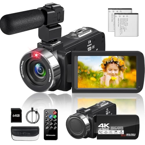 ビデオカメラ4K動画8000万画像数YouTubeカメラ ウェブカメラ 18倍デジタルズーム270度回転 3.0インチ IR赤外線暗視Vlogカメラ 一時停止機能タイムラプス&スローモーション検知 LEDフィルライトリモコン付き 予備バッテリー64GBSDカード付属日本語取説外部マイク付属日本語取説の外観・全体像 画像