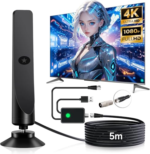 室内アンテナ テレビアンテナ【強力ブースター搭載】地デジアンテナ 4K/1080p対応 HDTV 内蔵5m 受信距離最大500KM 360°全方位受信 USB式信号増強 設置簡単 薄型 &小型 軽量 VHF/UHF兼用 高感度 高性能 無料視聴 屋内/屋外兼用 日本語取扱説明書付き 1