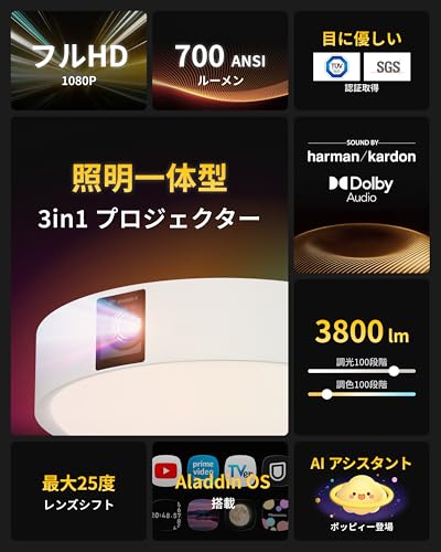 Aladdin X3 プロジェクター アラジン エックス3 700ANSIルーメン 1080P フルHD 天井照明 LEDシーリングライト スピーカー Harman Kardon ドルビーオーディオプラス ホームシアター 短焦点 スマホ対応 小型 家庭用 映画の詳細・まとめ 画像