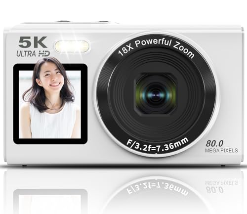 Beho 5K デジタルカメラ 8000万画素 スマホに送れる デジカメ WIFI転送機能 デュアルスクリーン 自撮り フィルター オートフォーカス 18倍デジタルズーム コンパクト ウェブカメラ 16GBマイクロSDカード付き 軽量 誕生日 VLOG 子供 初心者向け 修学旅行 ホワイトの外観・全体像 画像