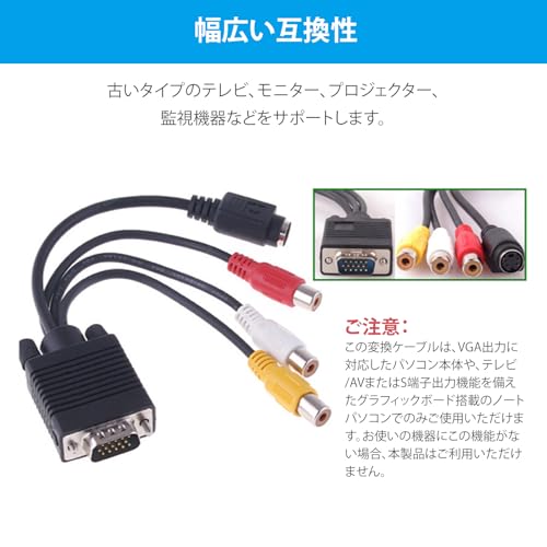 長さ約15cm vga ケーブル VGA変換ケーブル S端子/3RCA対応 映像出力分配ケーブル 銅製芯線の特徴・詳細 画像