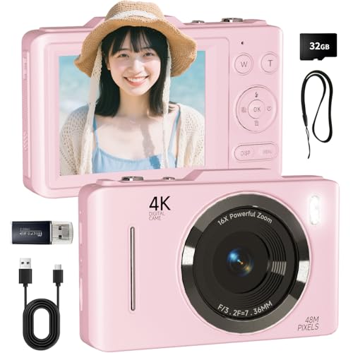 SRVR デジタルカメラ 4K 4800万画素 メモリーカード付属 (32GB Micro SDカード＆ストラップ) プロ仕様の4K動画と48MP高精細写真を撮影可能 OTG対応でスマホへの直接転送が瞬時 初心者向け安心のオートモード搭載 手のひらサイズの軽量ボディ 学生/青少年に最適 ピンク 1