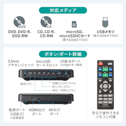 サンワダイレクト ミニDVDプレーヤー CD/DVD 再生専用 リージョンフリー CPRM対応 HDMI/RCA出力 USB給電 リモコン付き 400-MEDI052の詳細・まとめ 画像