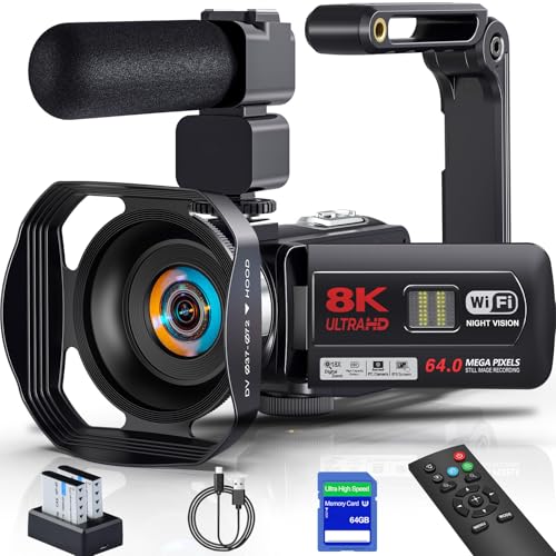 ビデオカメラ【8K動画撮影、6400万画素】YouTubeカメラ 外付けMIC8マイク 3.0 インチ タッチスクリー 18Xデジタルズーム 手持ち式ショックアブソーバー付き IRナイトビジョン機能 フラッシュ ウェブカメラ 2.4Gリモコン 充電式 大容量バッテリー 軽量 日本語の取扱説明書 学生 初心者にも最適です 修学旅行 セット 1
