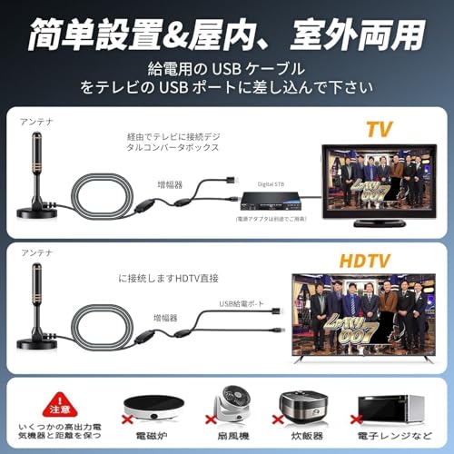 室内アンテナ テレビアンテナ【2026 年改良･高感度強化モデル搭載】地デジアンテナ 受信距離最大 550KM 級 4K/HDTV 対応 360° 全方位受信 UHF/VHF対応 信号ブースター内蔵 USB 給電式 工事不要 簡単接続 小型軽量 屋内/屋外兼用 無料視聴 ブラックの特徴・詳細 画像