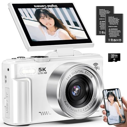 デジカメ 5K録画 7500万画素 スマホに送れる デジタルカメラ Wi-Fi機能 オートフォーカス 自撮り 18倍デジタルズーム 連続撮影 180度回転可能ディスプレイ 3.0インチスクリーン 32GBマイクロSDカード付き 1200mAh電池 軽量 携帯便利 Vlog 学生 初心者 修学旅行 コンパクト カメラ ホワイトの外観・全体像 画像