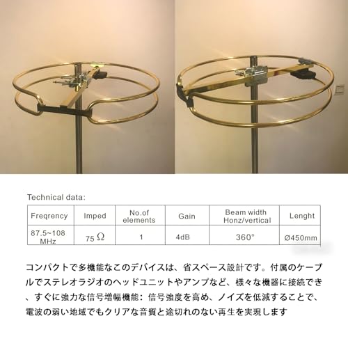 Mogina 屋外用FMアンテナ 周波数変調信号増幅器 屋内用FMアンテナ ステレオラジオ 高感度ループアンテナ キャンピングカーなどの屋内・屋外での使用に適しています（シルバー）の特徴・詳細 画像