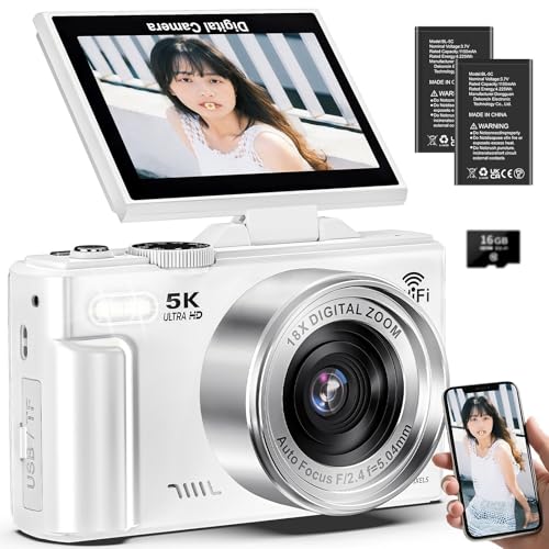デジカメ 5K録画 7500万画素 スマホに送れる デジタルカメラ Wi-Fi機能 オートフォーカス 自撮り 18倍デジタルズーム 連続撮影 180度回転可能ディスプレイ 3.0インチスクリーン 16GBマイクロSDカード付き 1200mAh電池 軽量 携帯便利 Vlog 学生 初心者 修学旅行 コンパクト カメラ ホワイト 1