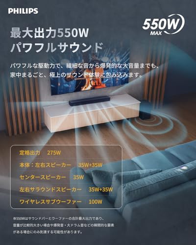 【VGP2026 受賞】 Philips(フィリップス) サウンドバー テレビ用 Bluetooth5.4搭載 スピーカー 550Wハイパワー Soundbar Dolby Atmos 立体音響技術 ワイヤレスサブウーファー付き リモコン付属 PC対応 ゲーム スピーカー テレビ/パソコン/スマホ HDMI eARC TAB8510 (1年メーカー保証)の特徴・詳細 画像