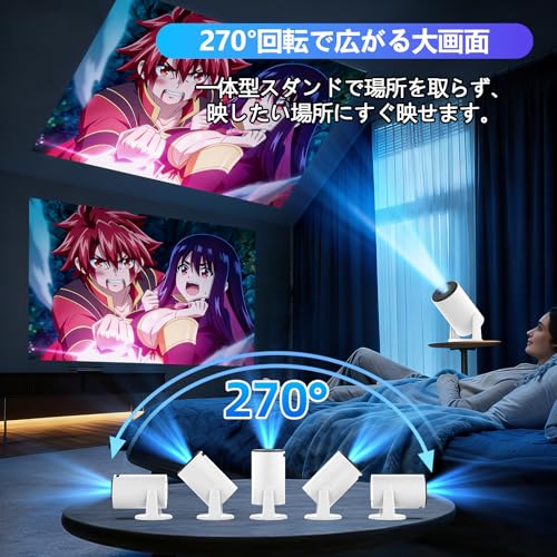 WISHOLY プロジェクター 家庭用 超小型 【Android TV搭載・電動フォーカス・30000LM・270°回転】プロジェクター 小型 1080P短距離投影 高輝度 天井投影 Wi-Fi 6 Bluetooth 5.4 自動台形補正 内蔵HiFiスピーカー 50％ズーム機能 静音設計 プレゼント HDMI/スマホ/PC/DVD/Switchなどに対応の特徴・詳細 画像