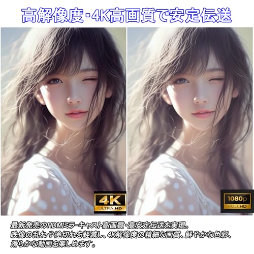 HDMIミラーキャスト【2026年・高性能チップ搭載】4K/1080P対応 スマホ画面をテレビに映す ミラーリング接続 iPhone/Android/Windows/Mac OS対応 モード切替不要 簡単セットアップ アプリ互換性あり YouTube視聴可能 大画面で楽しめる 日本語取扱説明書付き（ブラック）の特徴・詳細 画像