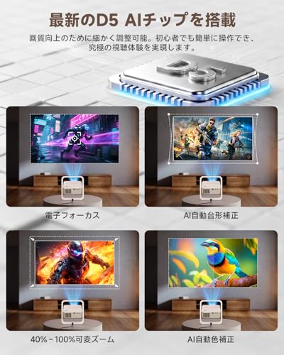 2026最新 プロジェクター【Google TV搭載&Netflix公式ライセンス】家庭用 ネイティブ1080P 4K対応 自動台形補正 1500ANSI高輝度 短距離大画面 一体型回転式ジンバル スリム収納 180°調整と天井投影 寝室映画鑑賞 内蔵Hi-Resスピ一カ一/WiFi6搭載 IOS/Android/パソコン/DVD/PS機/SWITCH接続可 ホームシアター 日本語取扱説明書の特徴・詳細 画像