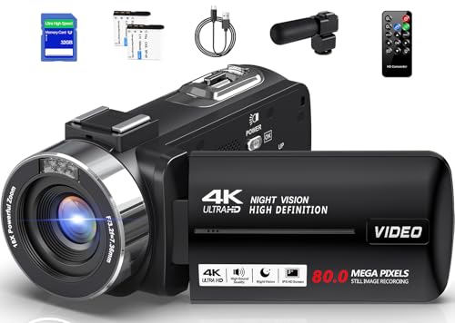 ビデオカメラ 4K録画 8000万画素 Vlogging カメラ 3.0"IPS HDスクリーン IRナイトビジョン ウェブカメラ 18Xデジタルズーム 32GBのSDカード MIC外付けマイク リモコン 付き 6ヶ国語取扱説明書 YouTubeカメラ 旅行Vlog 軽量 携帯便利 卒業式 学生 初心者に向け セットの外観・全体像 画像