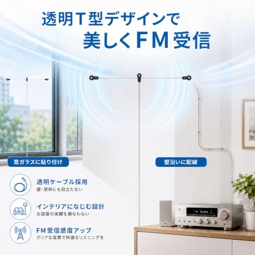 室内 FMラジオアンテナ 透明 T型 ダイポール 2m L字F型 変換アダプタ付 受信改善の特徴・詳細 画像