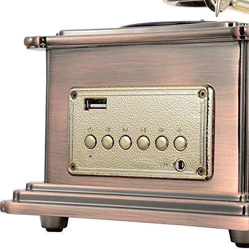 蓄音機 ホームデコレーション ミニ ヴィンテージ レトロ クラシック 蓄音機 蓄音機型 ステレオスピーカー サウンドシステム オルゴール 3.5mmオーディオトゥース 4.2 Aux入力/USBフラッシュドライブ 10Wスピーカー1個と15Wスピーカー2個付きの特徴・詳細 画像