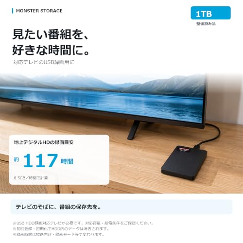 【整備済み品】MONSTER STORAGE 外付けHDD 1TB USB3.0 Type-C変換アダプター付 ブラックの特徴・詳細 画像