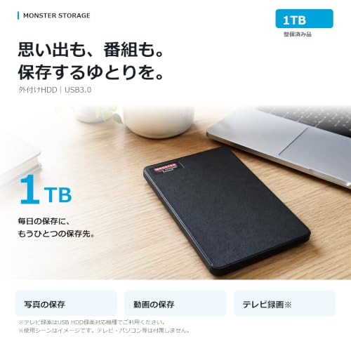 【整備済み品】MONSTER STORAGE 外付けHDD 1TB USB3.0 Type-C変換アダプター付 ブラックの詳細・まとめ 画像